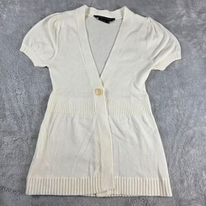 BCBG MAXAZRIA Women XS Cream Short Sleeve Button V Neck Knit Cardigan Sweater